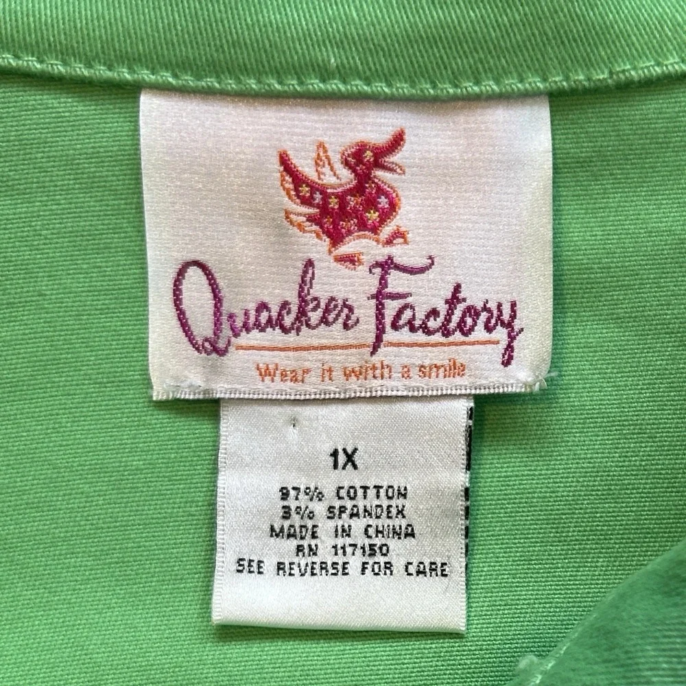 QUACKER FACTORY Green Jacket sz 1X Grosgrain Ribbon Pink Whale Trim Resortwear